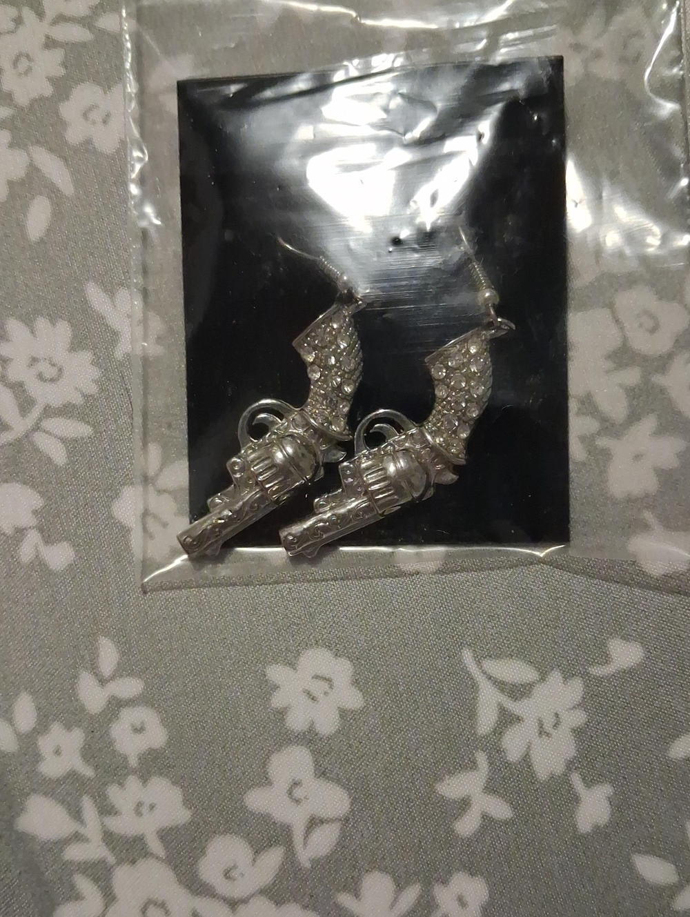 Silver Tone Rhinestone Gun Dangle Earrings - Just A Fun Item.Men Or Women